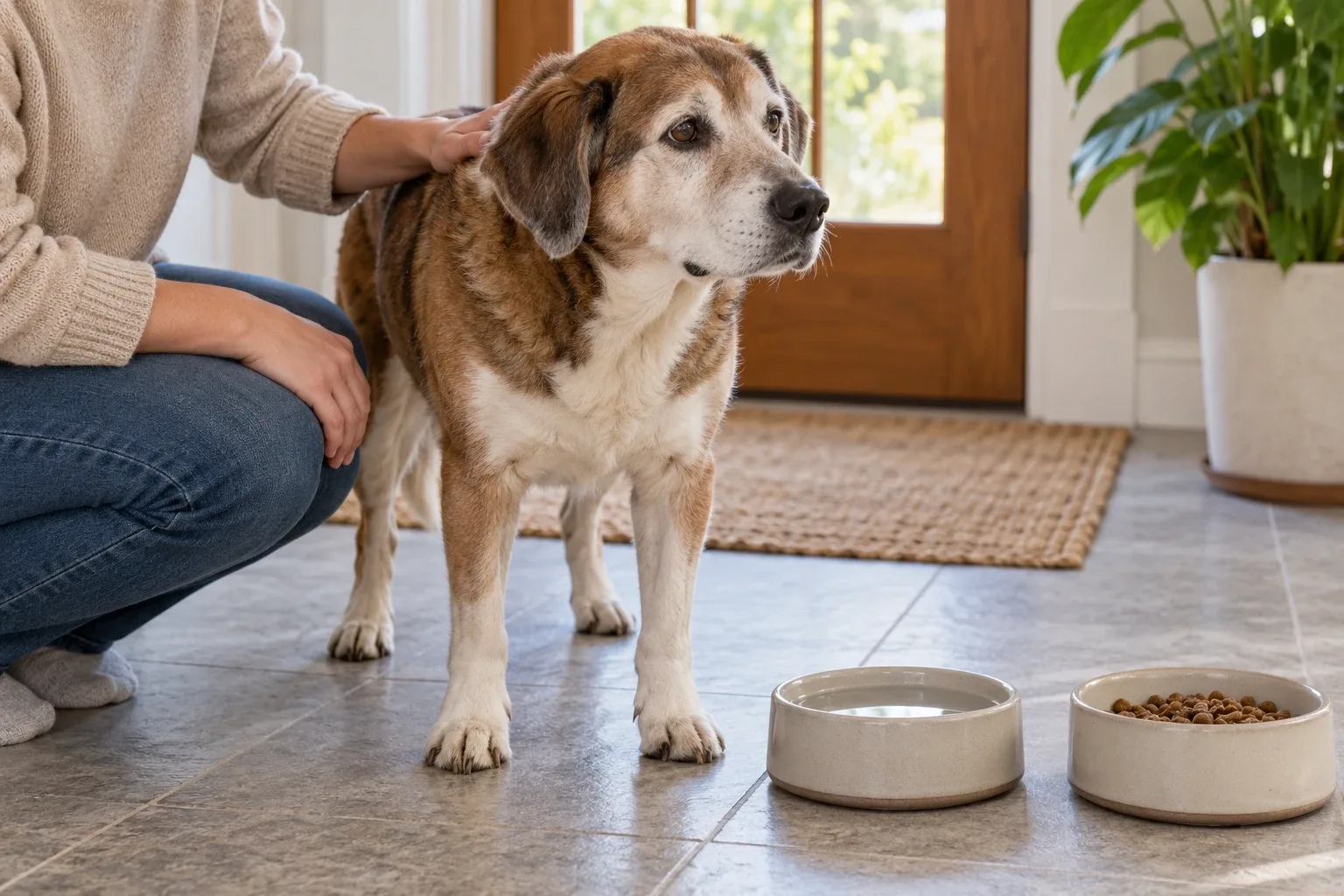 A caregiver rests a hand on an older dog's shoulder beside its meal.