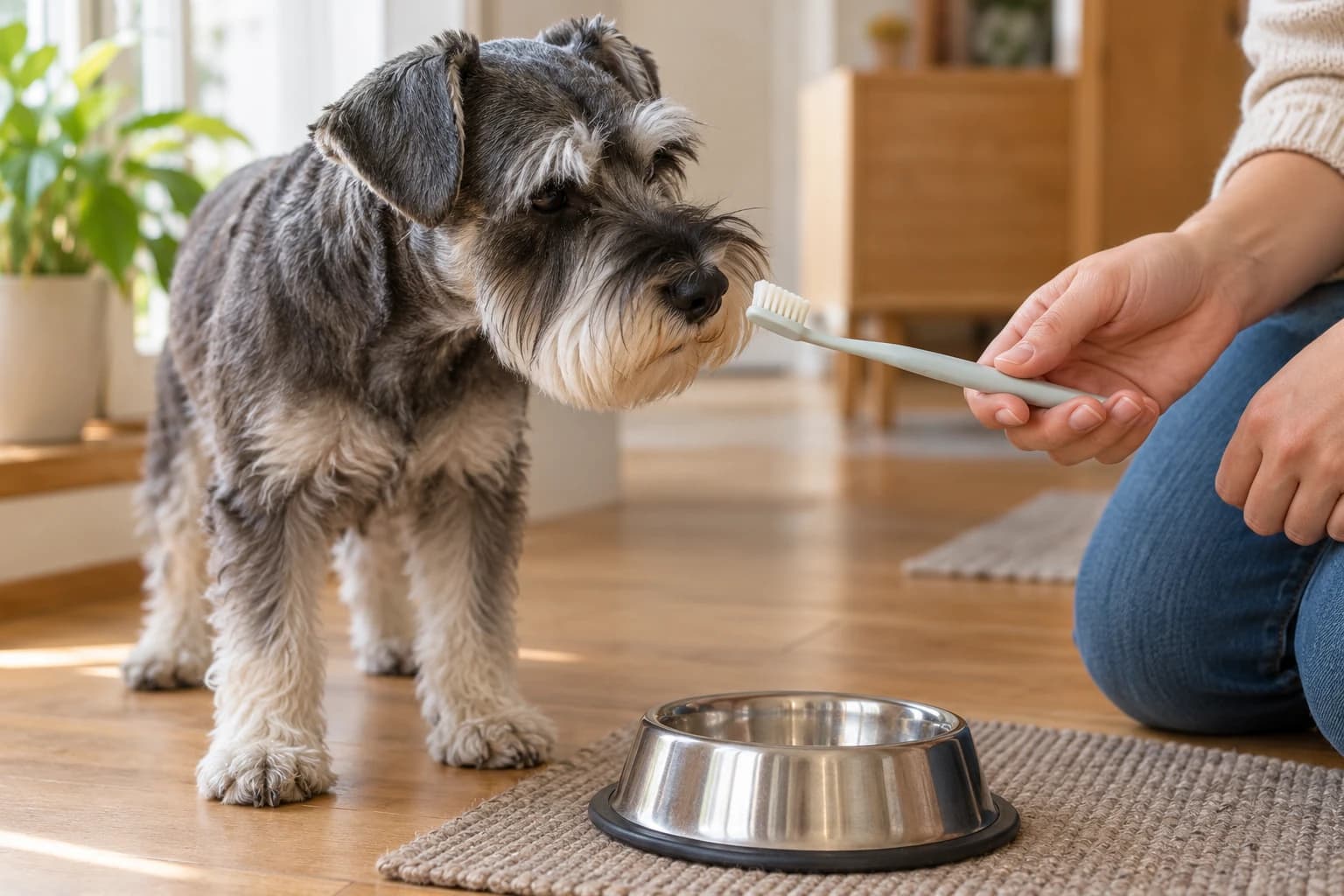An older dog sniffs a soft toothbrush held by a caregiver.