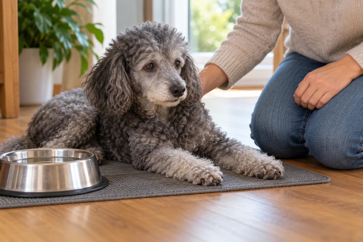 An older dog rests on a mat beside a water bowl and caregiver.