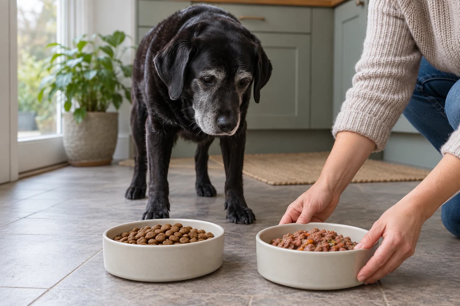 An older dog watches a caregiver arrange separate bowls of dry and soft food.