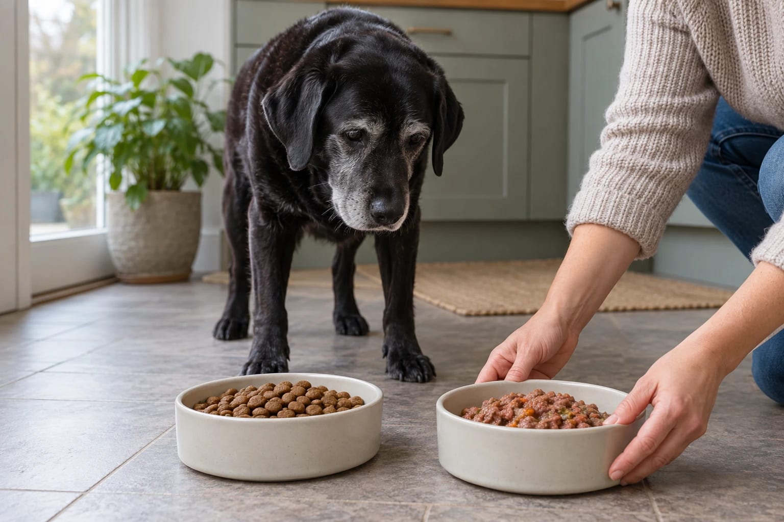 An older dog watches a caregiver arrange separate bowls of dry and soft food.