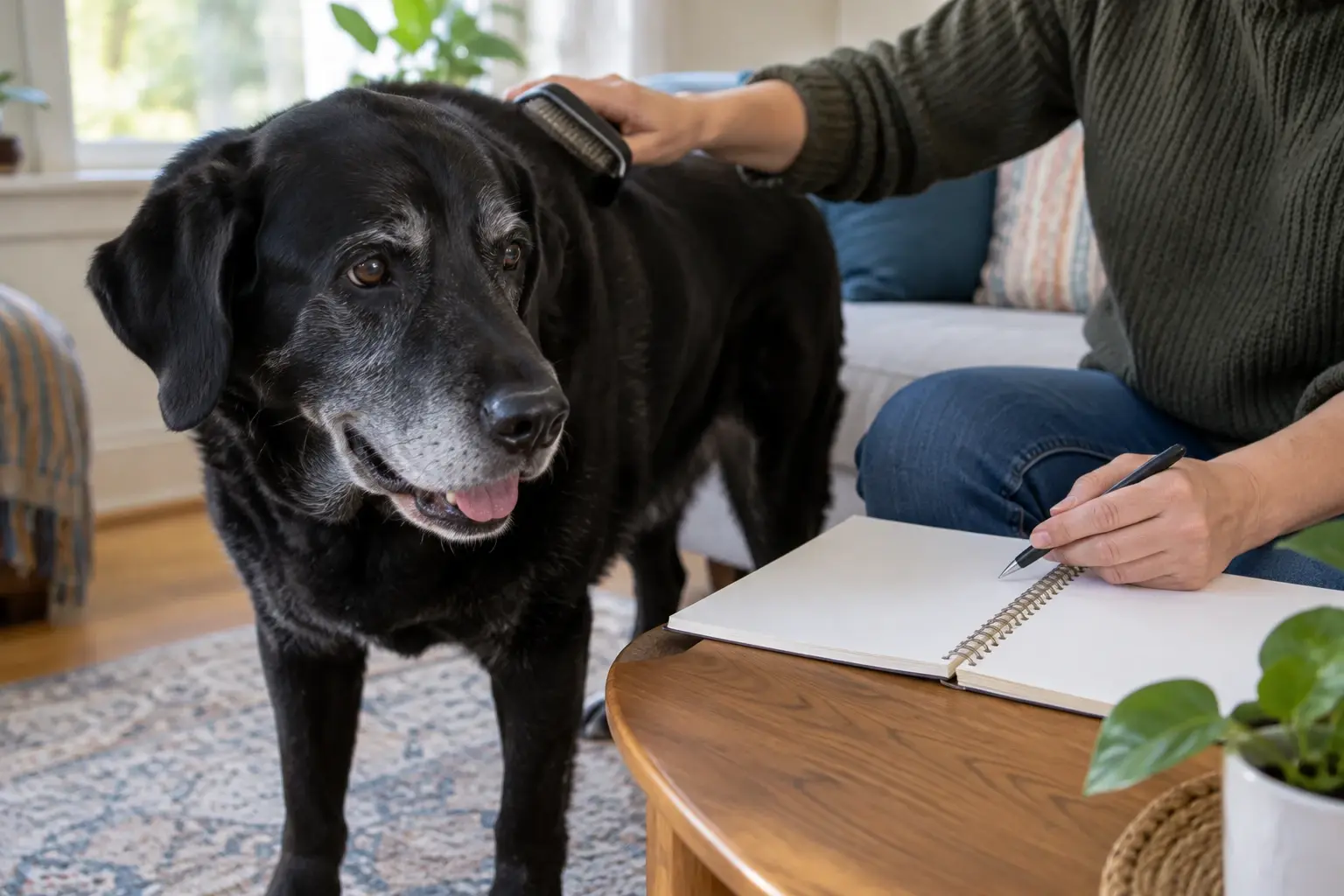 A senior dachshund eats from a ceramic bowl on a woven kitchen mat while its caregiver watches nearby.