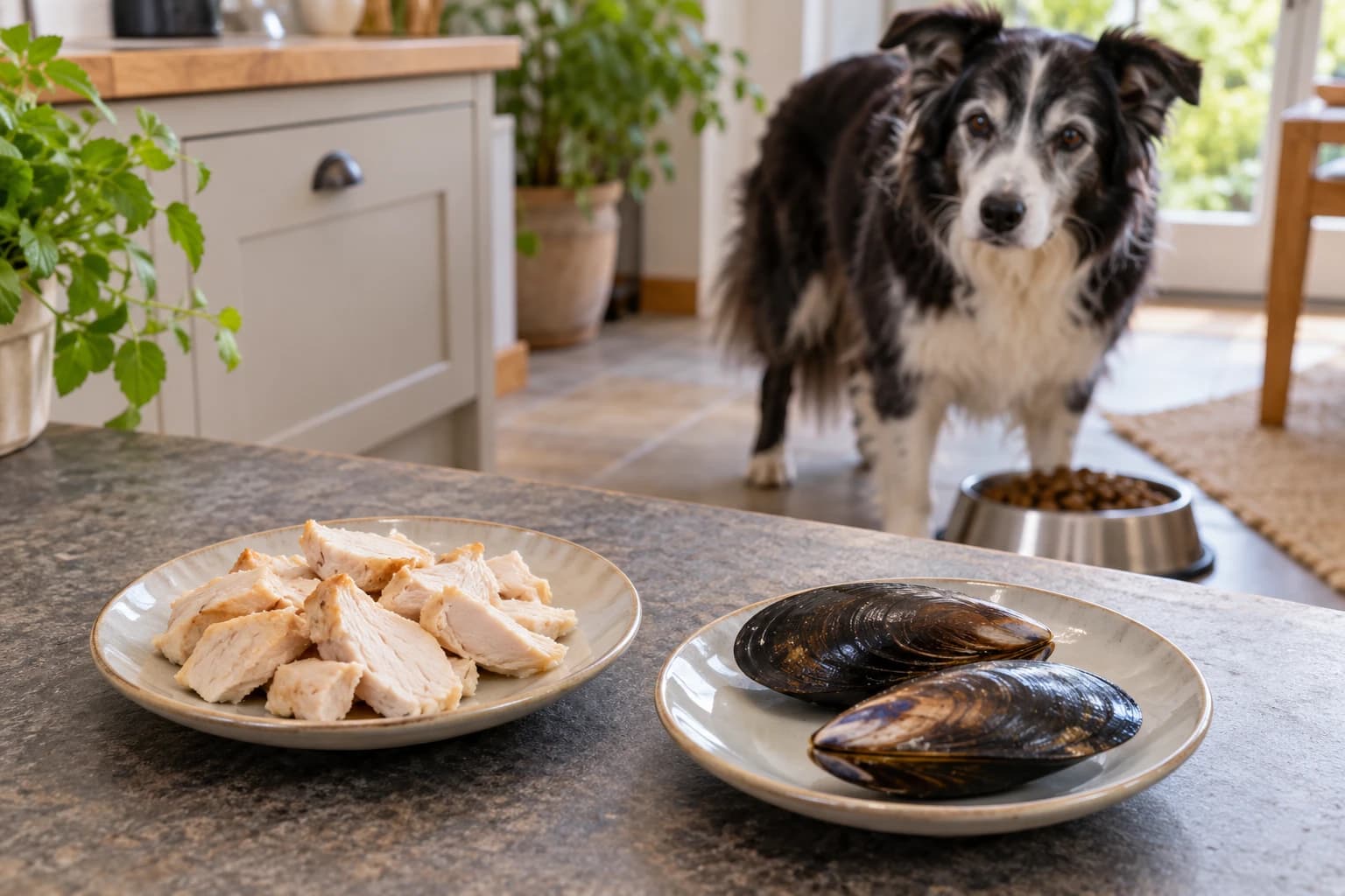 Pollo y marisco en platos separados, con un perro mayor al fondo.