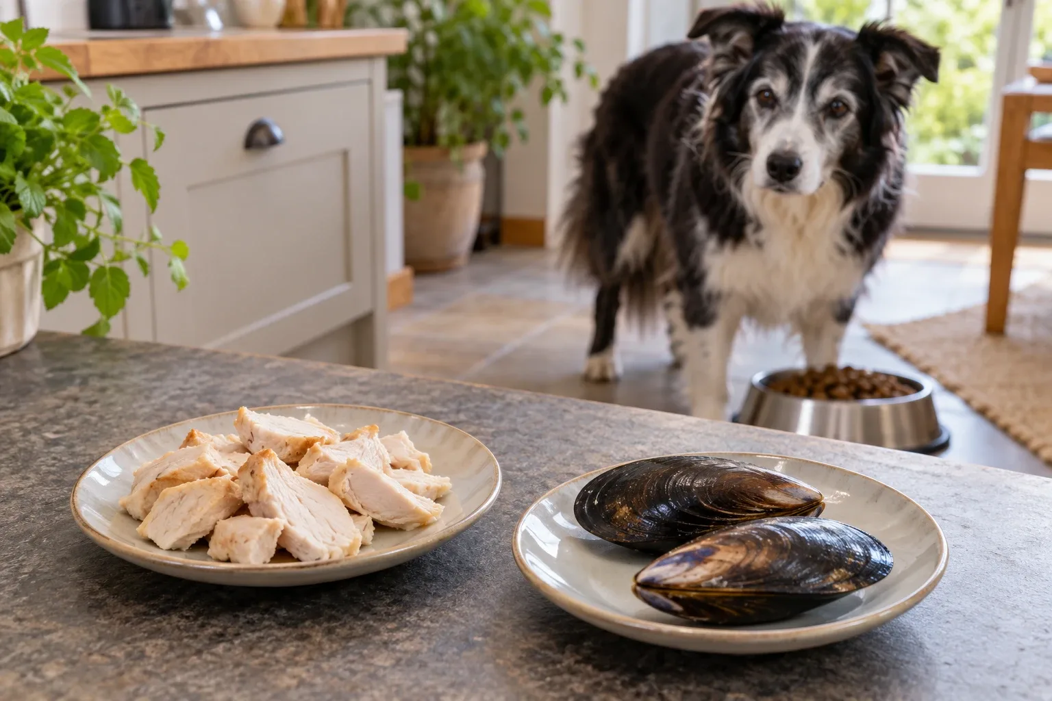 Pollo y marisco en platos separados, con un perro mayor al fondo.