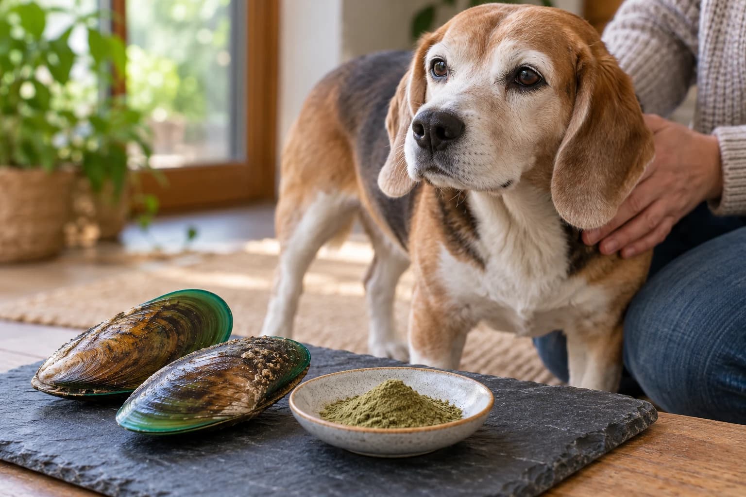 Conchas de mejillón y una muestra de polvo en platos, con un perro mayor cerca.