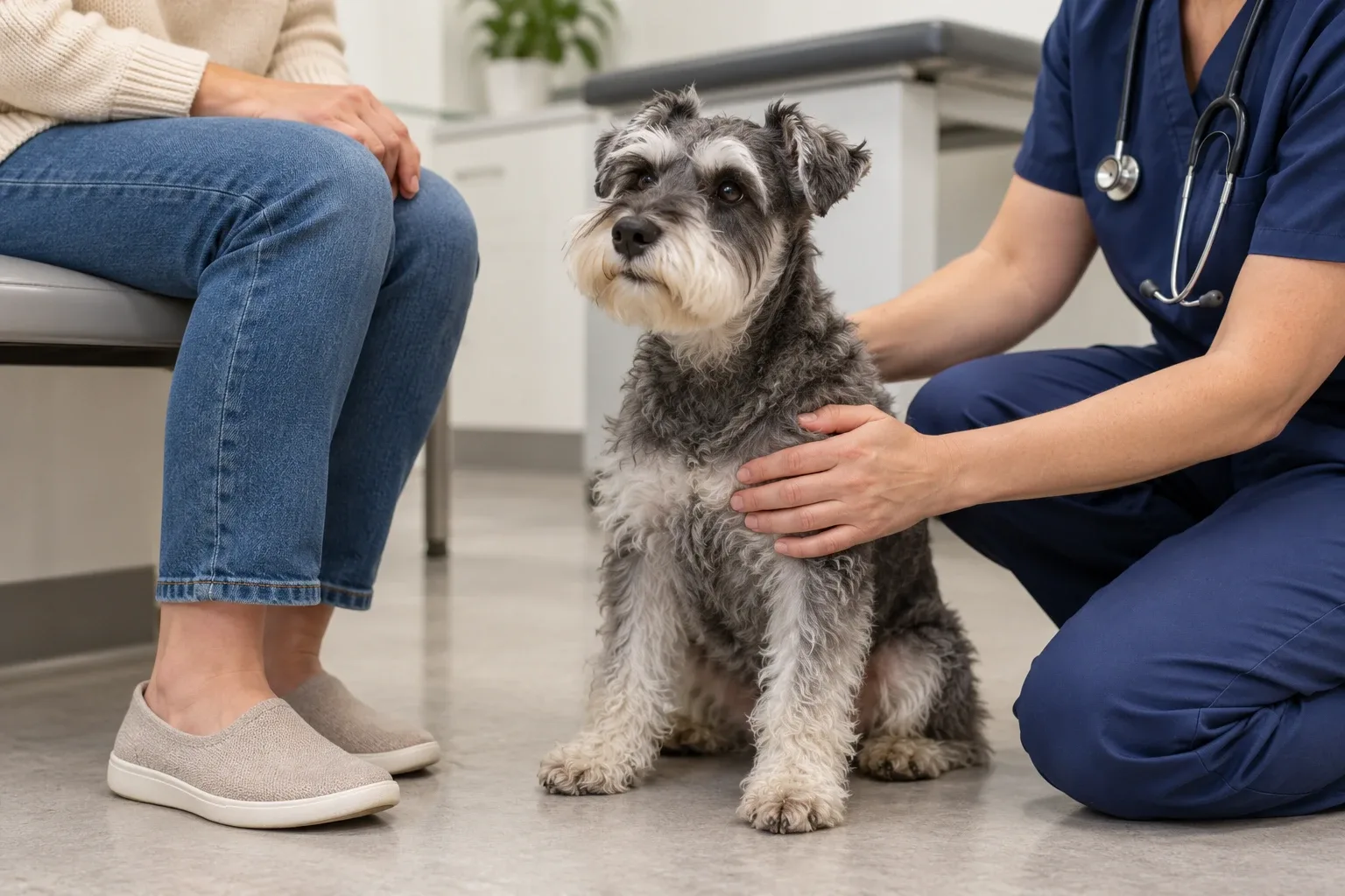 Un veterinario examina suavemente a un perro mayor con un estetoscopio.