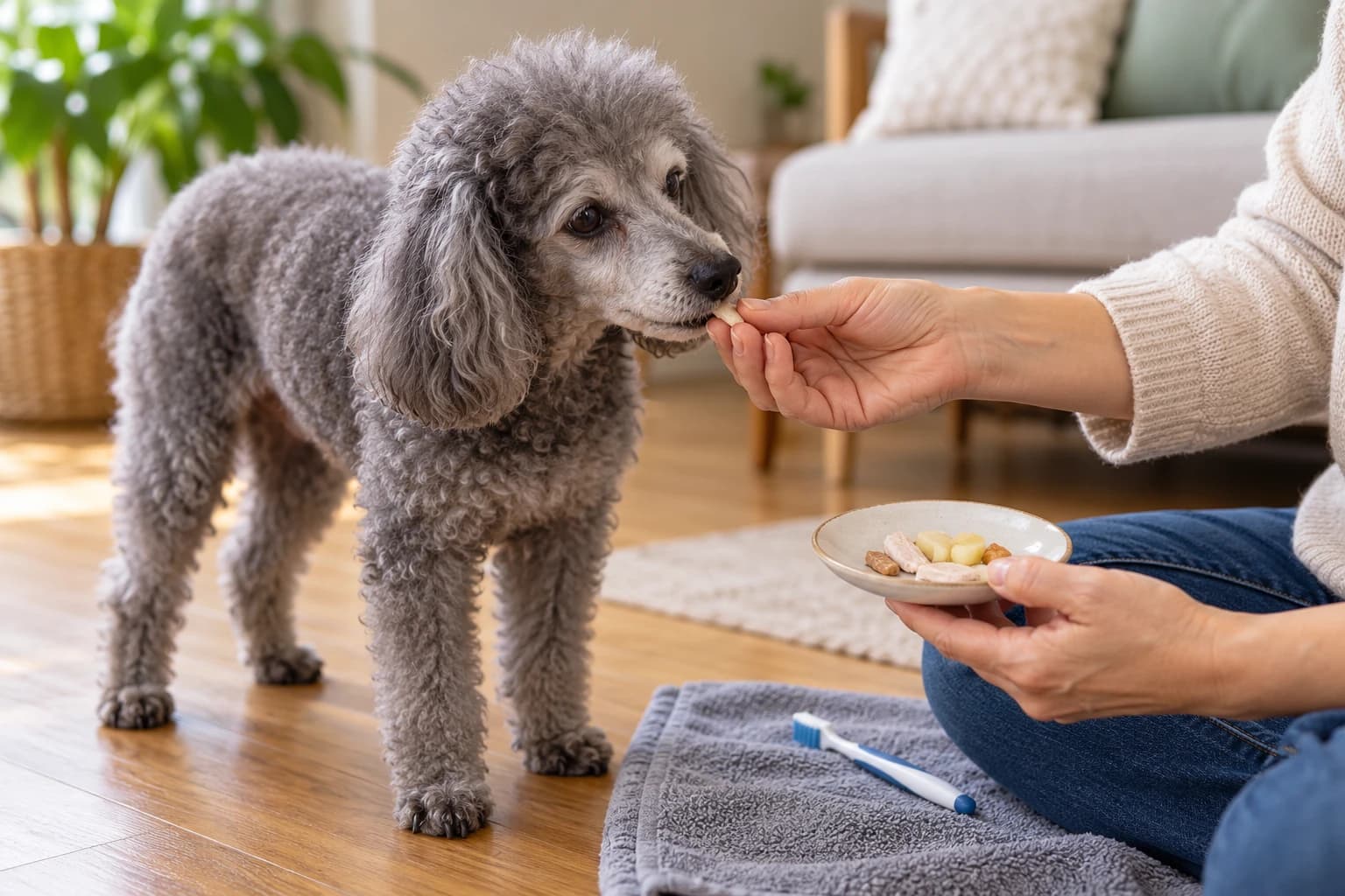 An older dog sniffs a piece of ordinary food held by a caregiver.