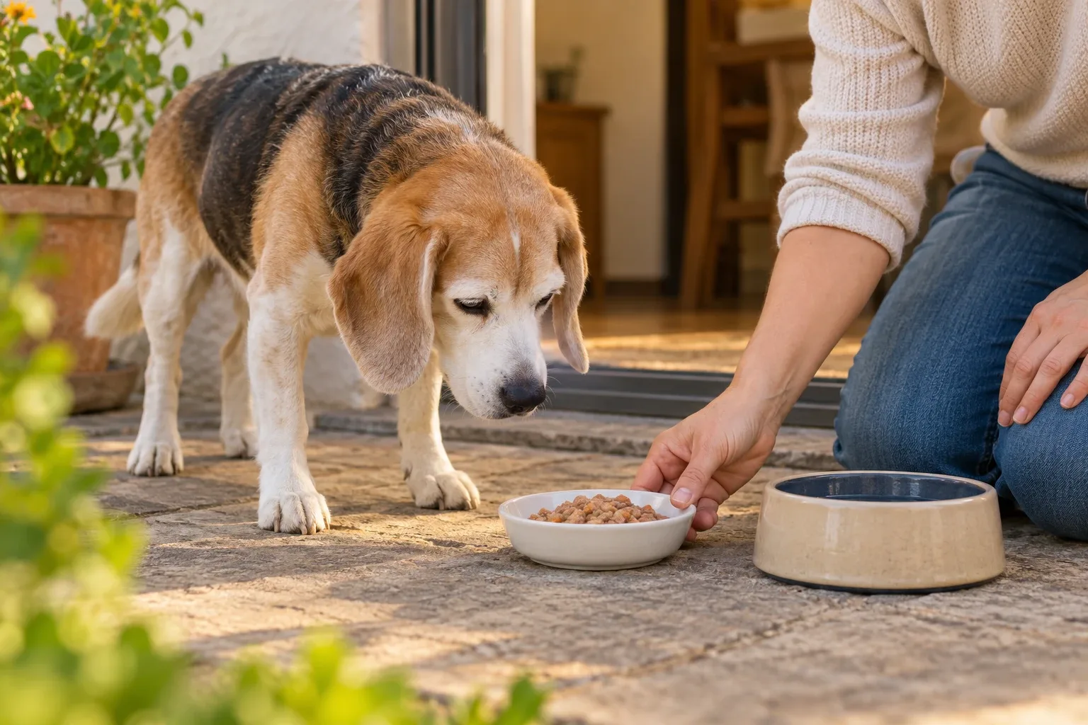 Un perro mayor observa a su cuidador colocar cuencos separados de comida seca y húmeda.
