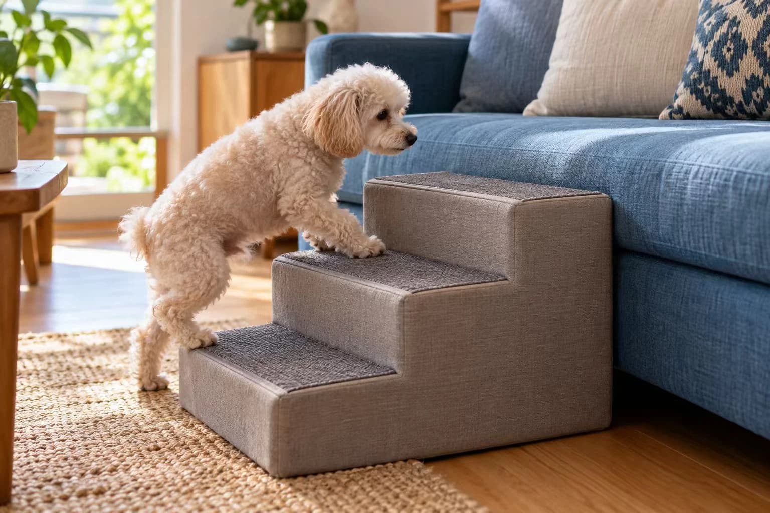 Un perro pequeño y mayor sube unos escalones acolchados junto al sofá.