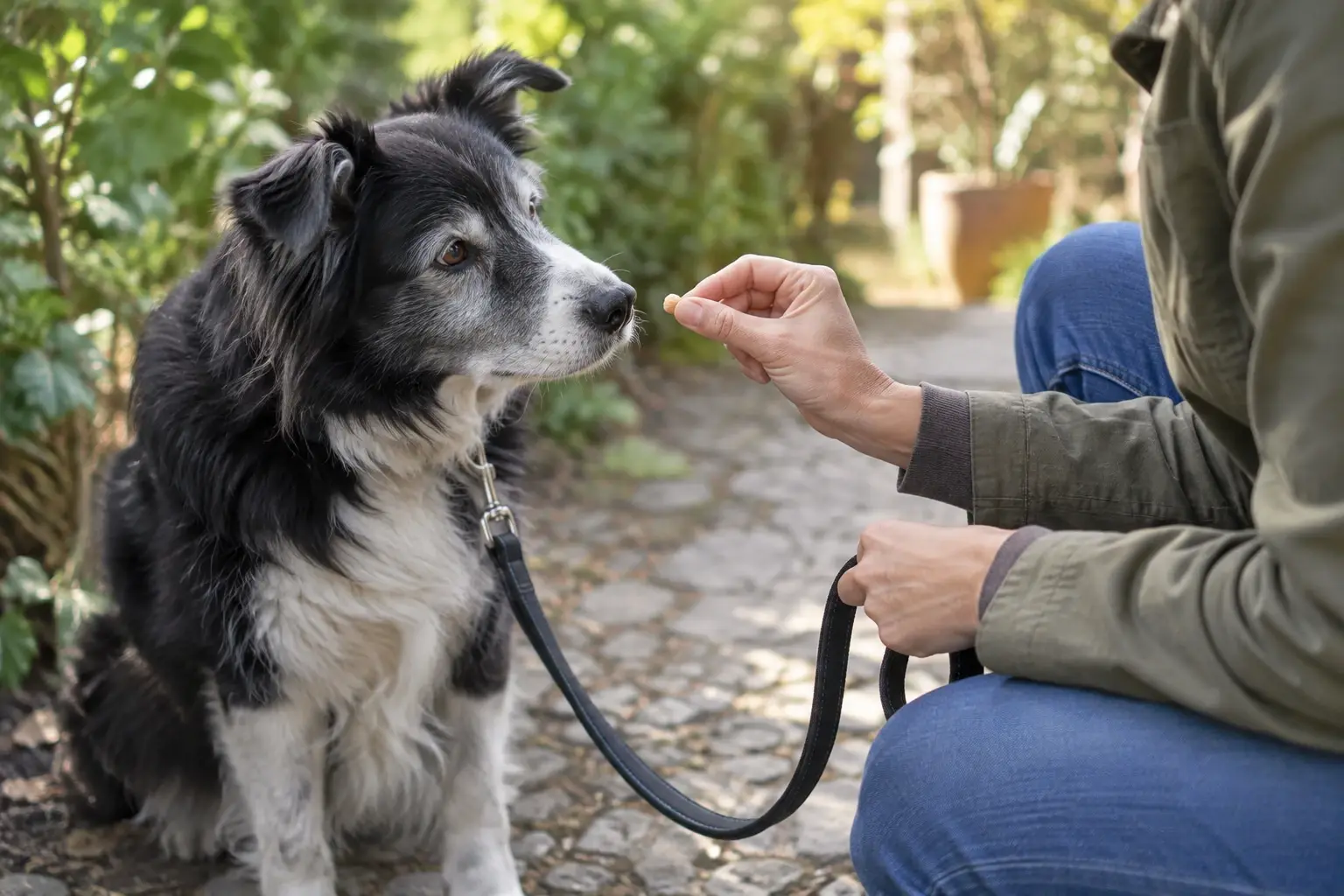 Eine Person prüft Futterreste im Napf neben einem älteren Hund.