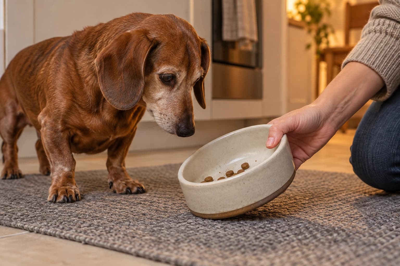 Eine Person prüft Futterreste im Napf neben einem älteren Hund.