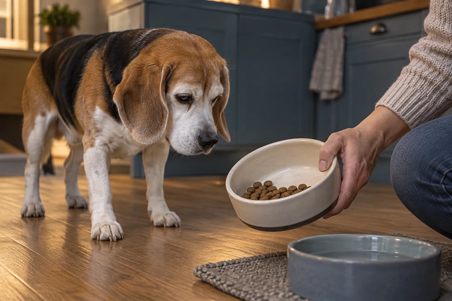 Eine Person prüft Futterreste im Napf neben einem älteren Hund.
