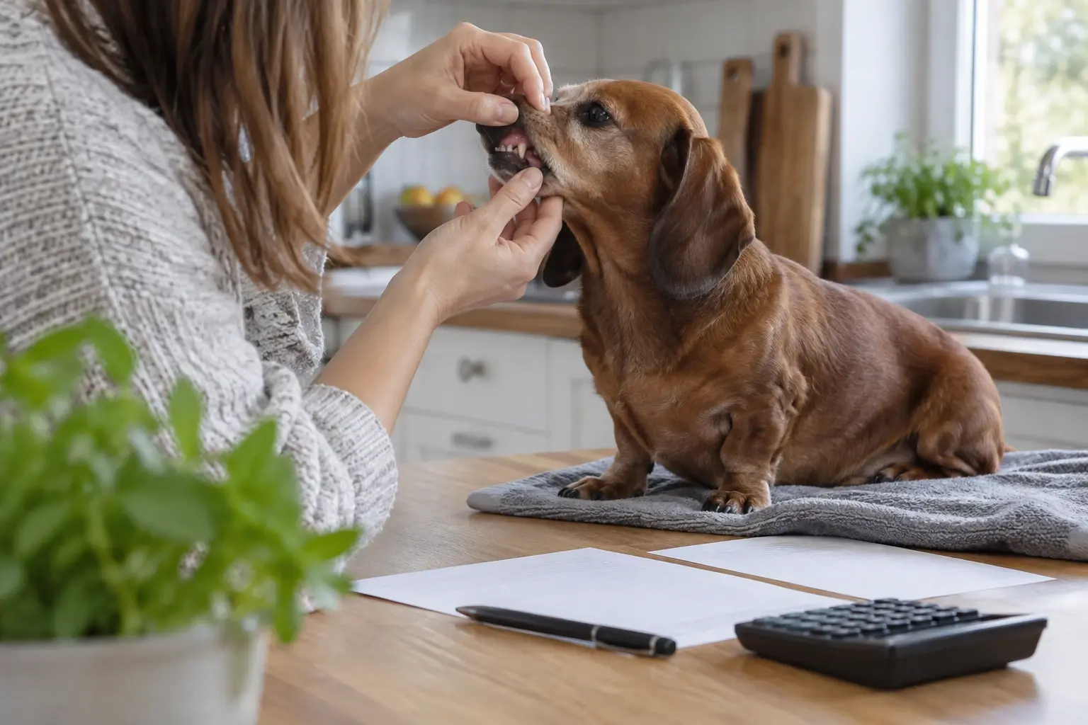 Eine Person prüft Futterreste im Napf neben einem älteren Hund.