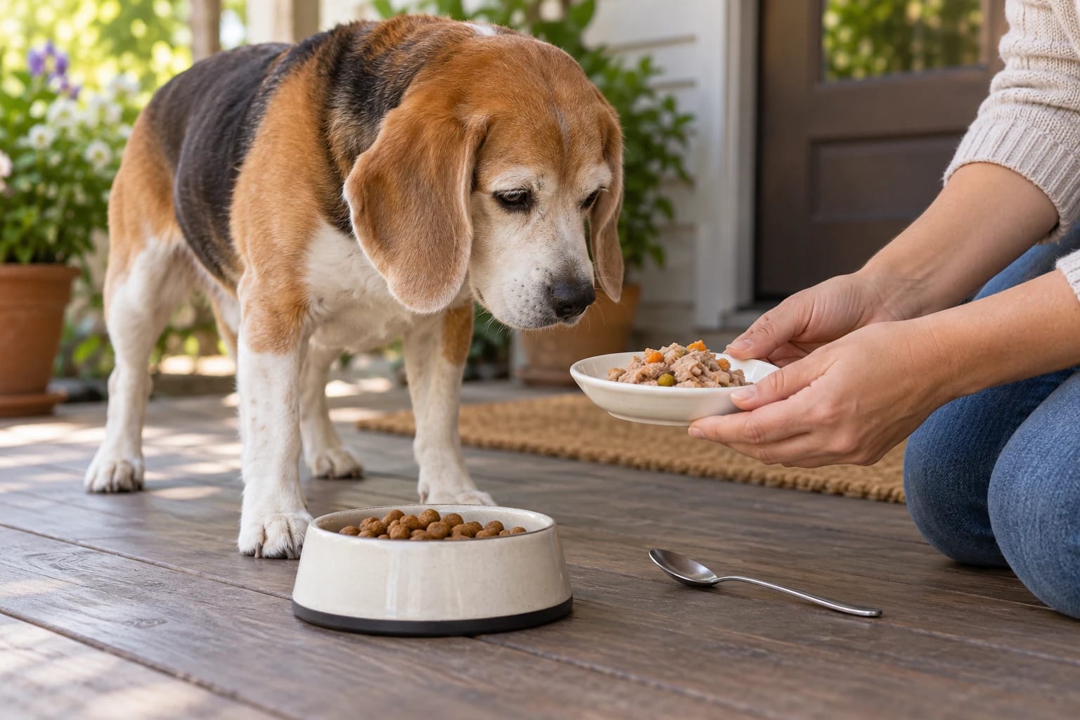 A caregiver offers a shallow bowl of soft food to an older dog.