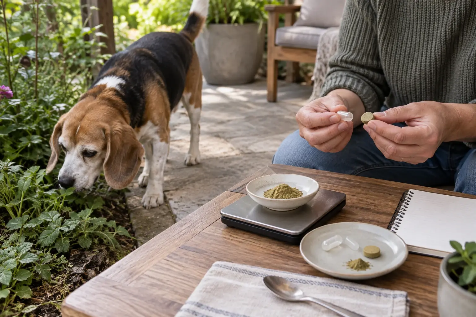 A caregiver offers a shallow bowl of soft food to an older dog.