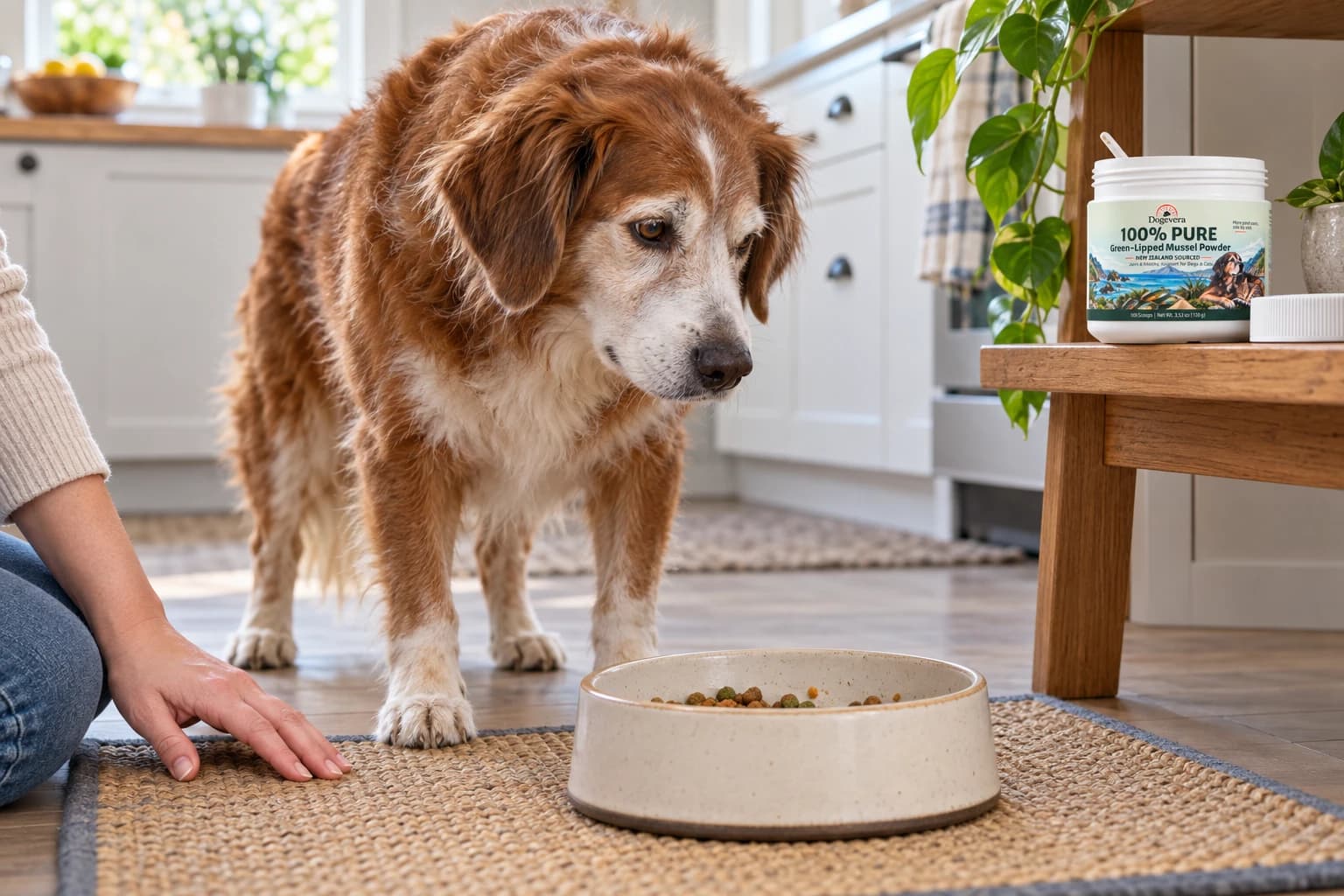 Dogevera green-lipped mussel powder jar near an older dog's food bowl.