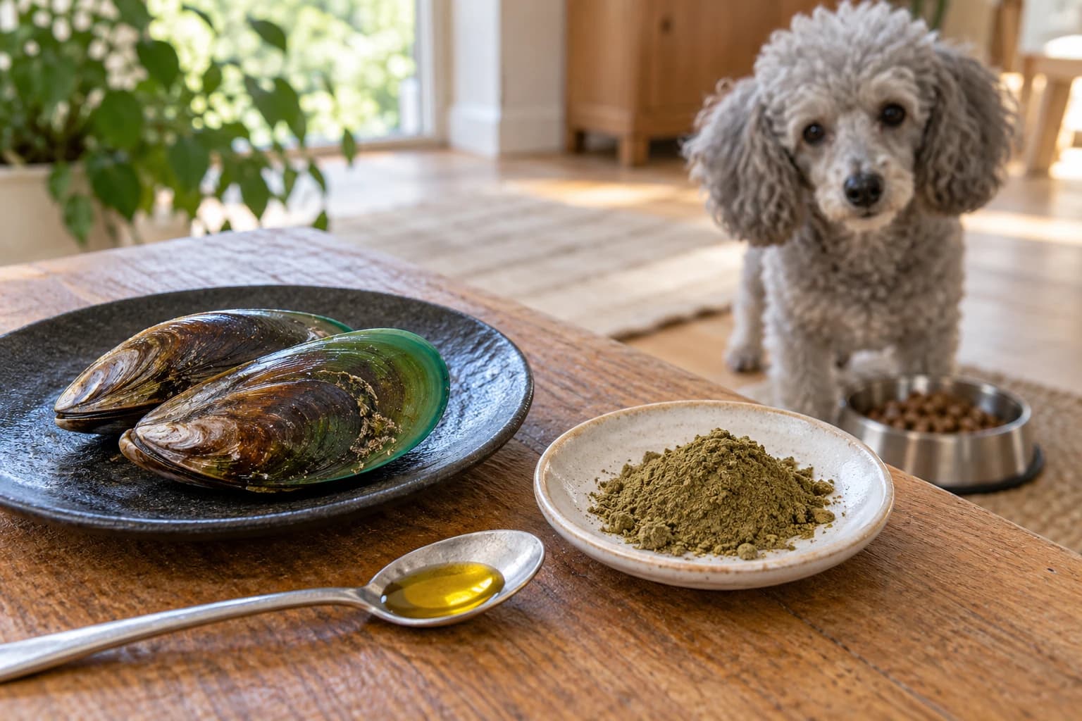 Mussel shells, powder and golden oil displayed separately near an older dog's meal.