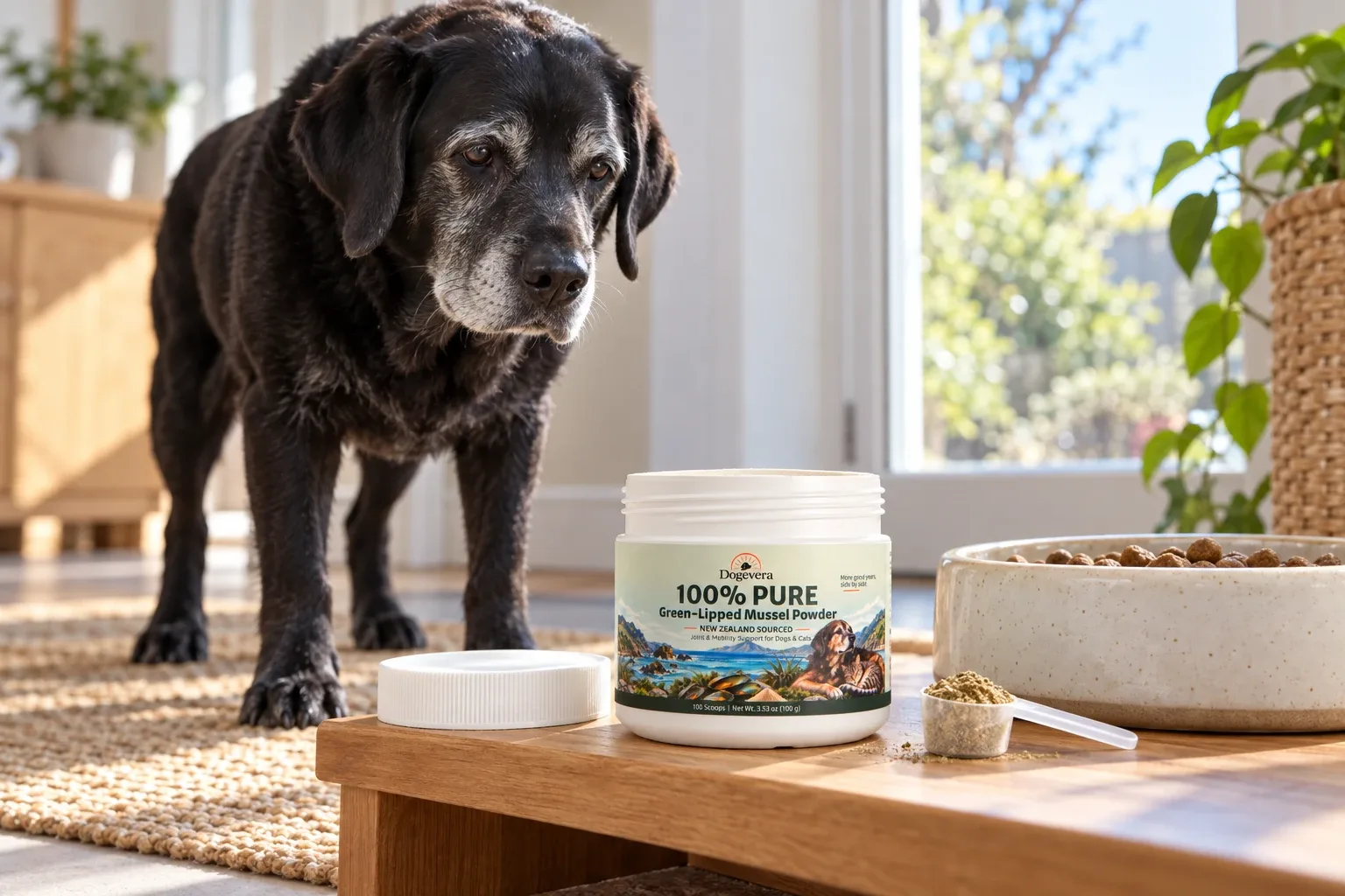 Dogevera green-lipped mussel powder jar and scoop beside a dog's food bowl.
