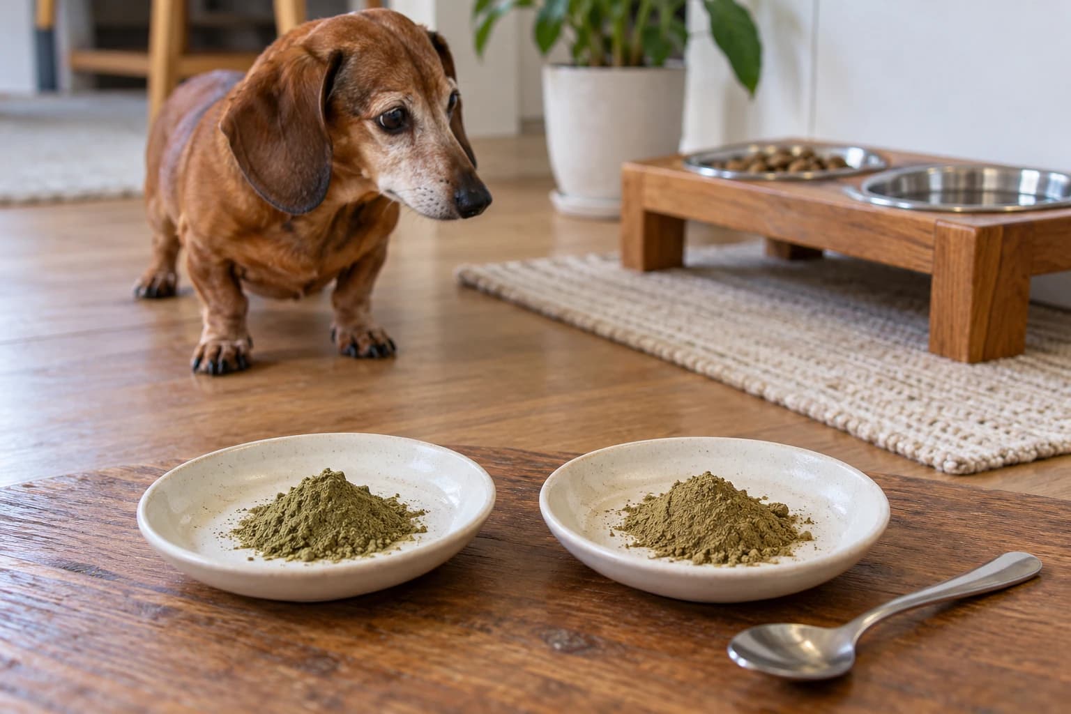 Two powder samples on separate saucers beside an older dog's feeding area.