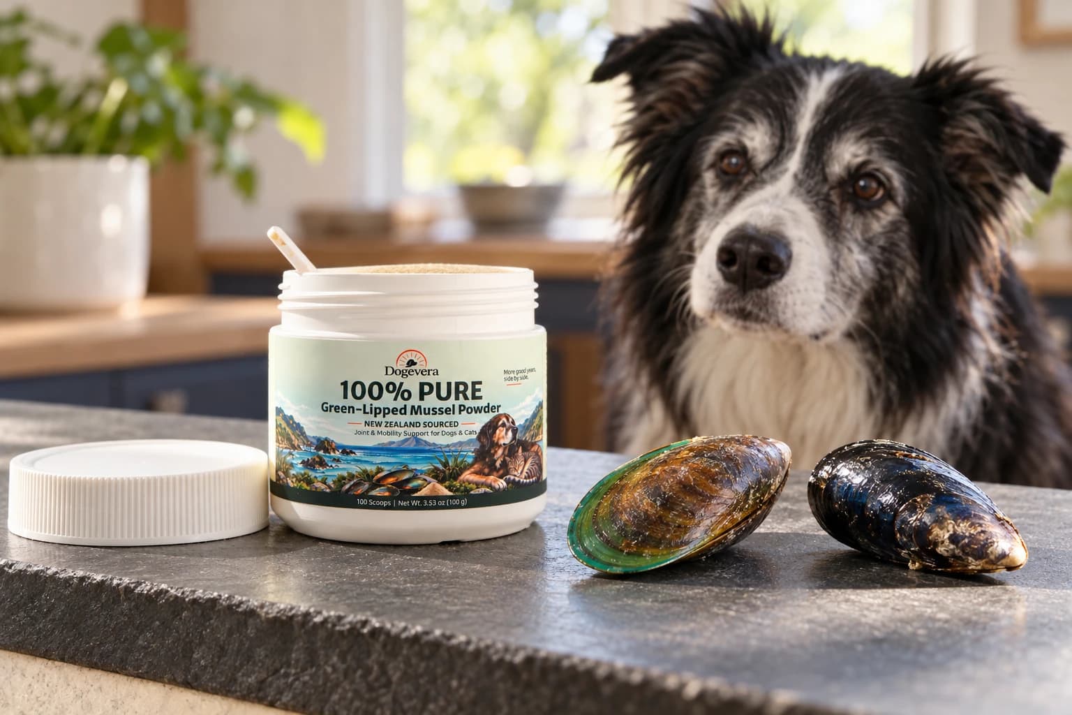 Dogevera mussel powder with natural mussel shells beside the feeding area.