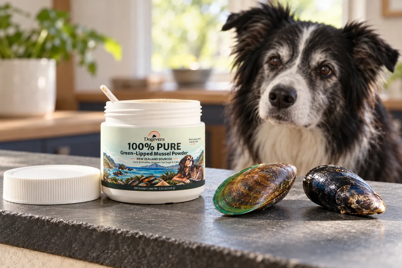 Dogevera mussel powder with natural mussel shells beside the feeding area.