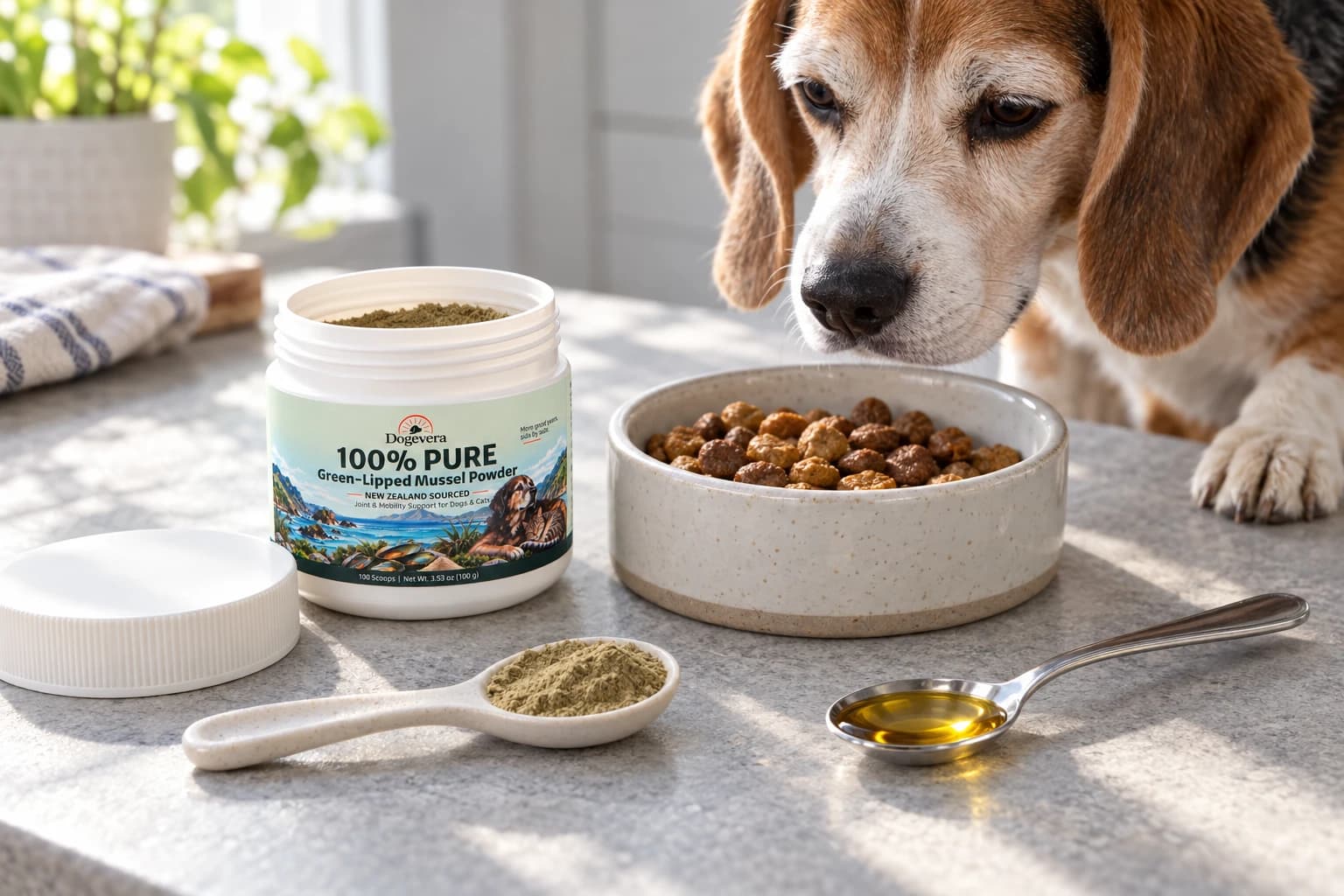 Dogevera green-lipped mussel powder jar and scoop beside a dog's food bowl.
