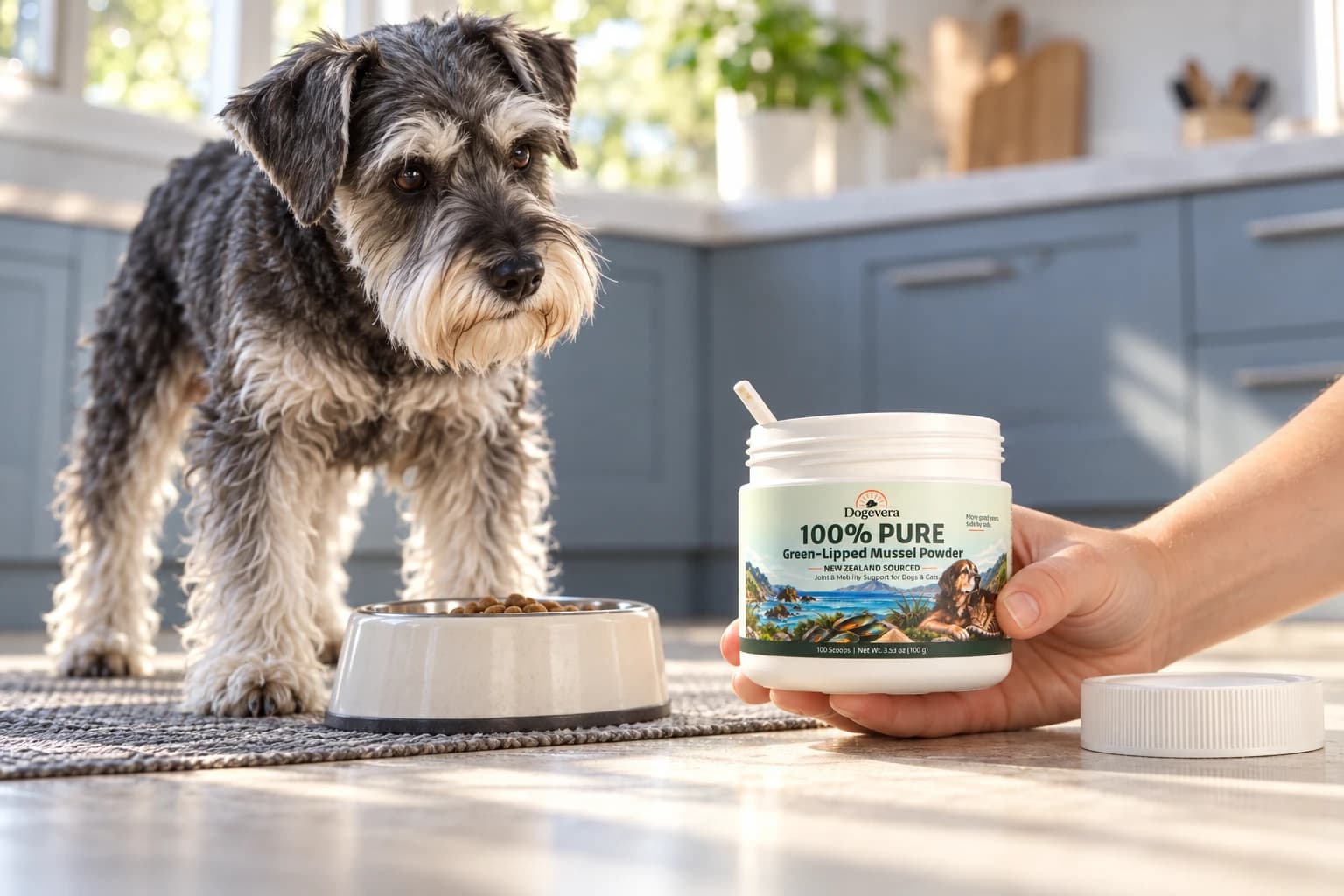 Dogevera green-lipped mussel powder jar and scoop beside a dog's food bowl.