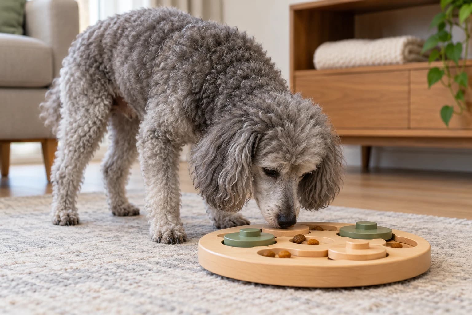 An older dog investigates a wooden food puzzle on the floor.