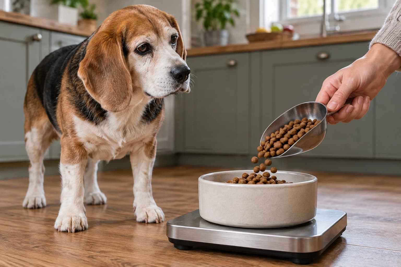 Eine Person portioniert Trockenfutter in einen Napf auf einer Waage neben einem älteren Hund.