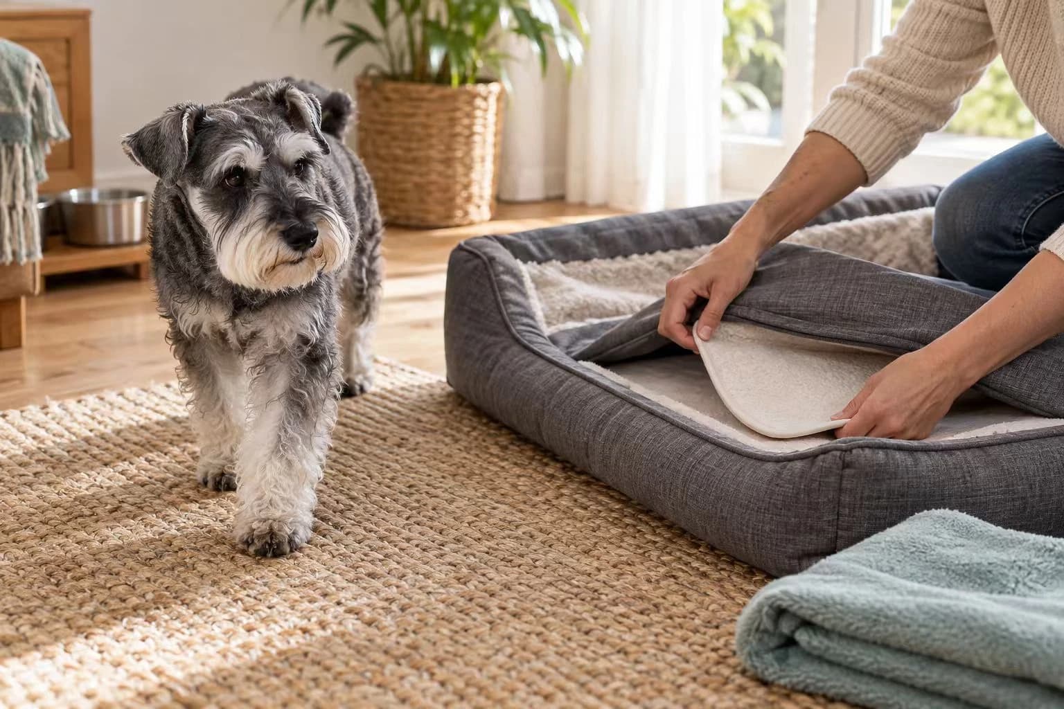 Une personne place une protection absorbante sous un couchage lavable près d'un chien âgé.