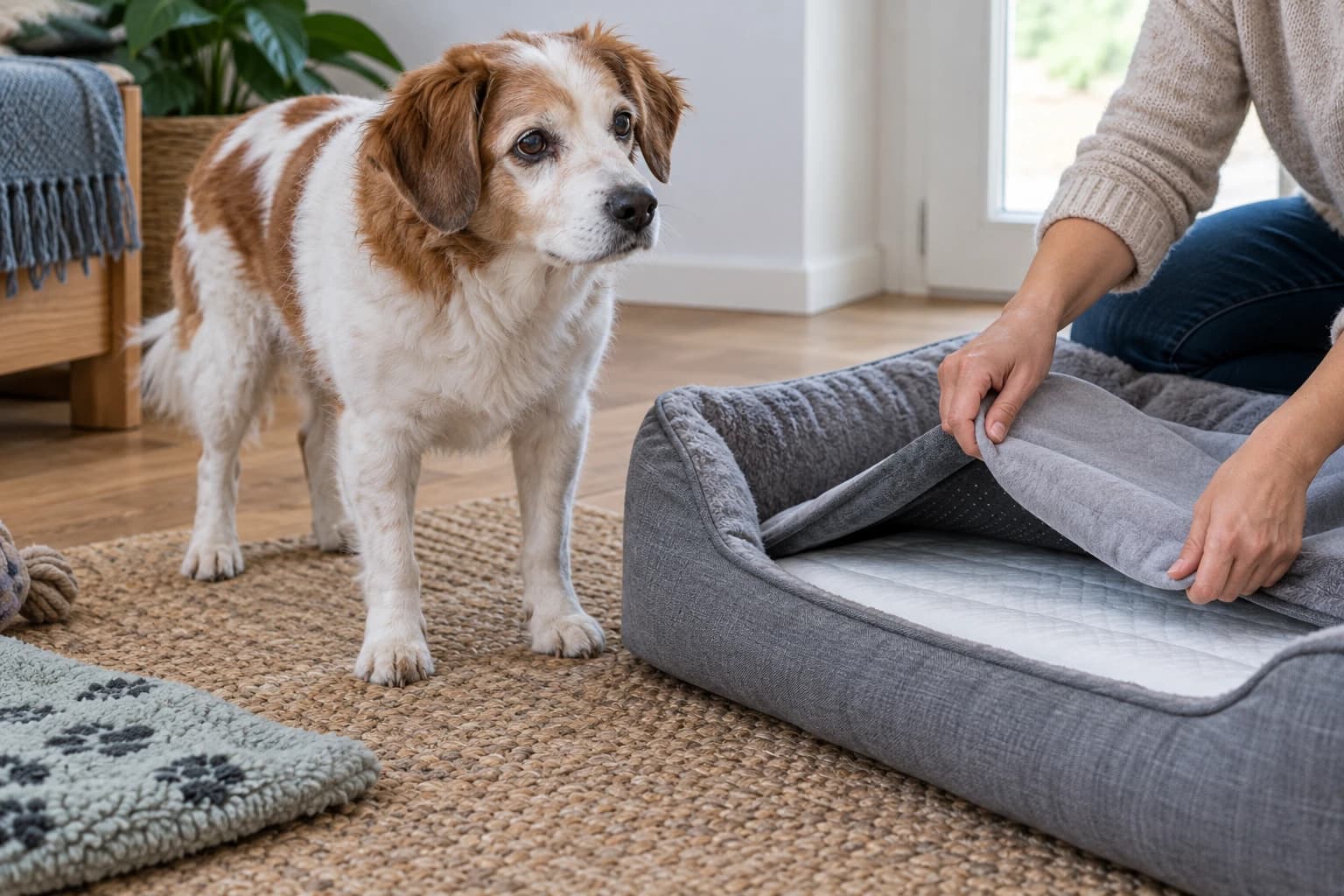 Una persona sistema una protezione assorbente sotto una cuccia lavabile accanto a un cane anziano.