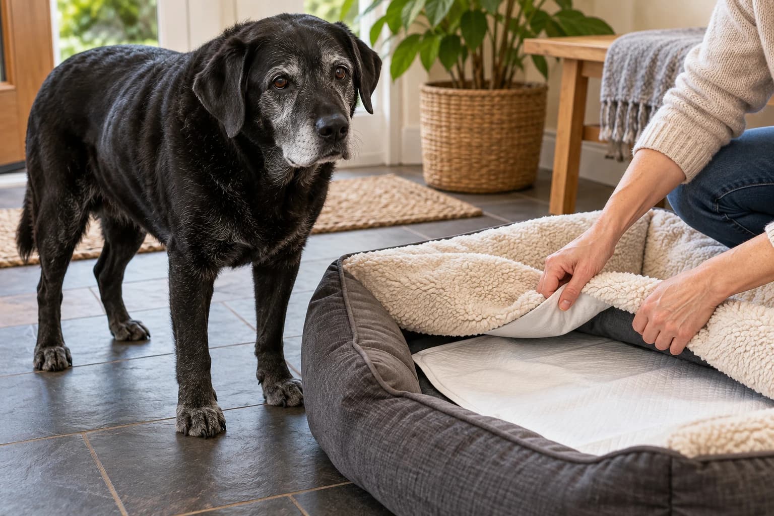 Eine Person legt neben einem älteren Hund eine saugfähige Einlage unter ein waschbares Hundebett.