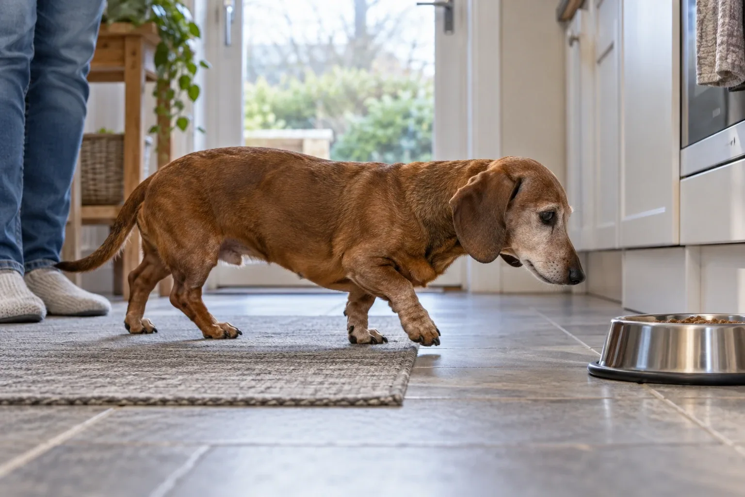 Un cane anziano cammina verso la sua ciotola abituale.