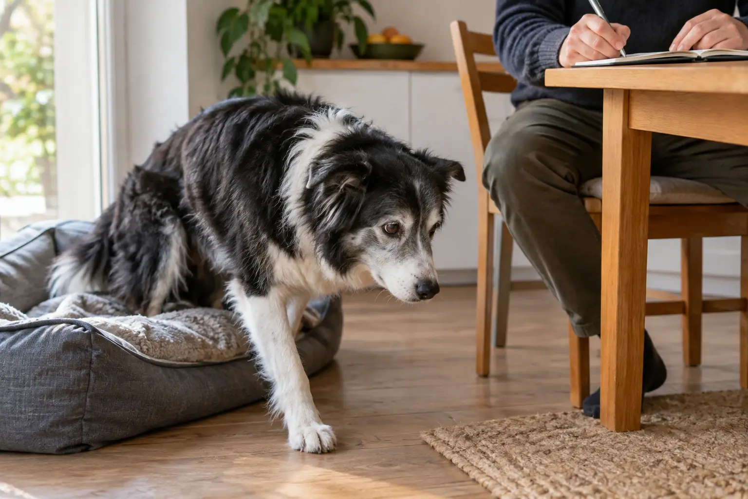 Uno schnauzer anziano osserva la proprietaria mentre posa una ciotola di cibo sul tappeto della cucina.
