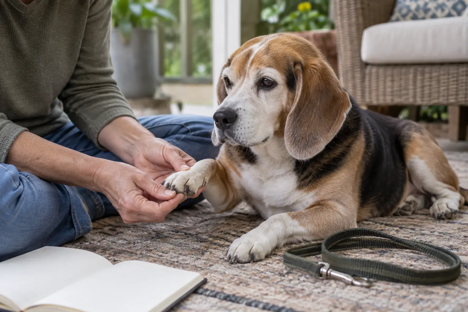 An older dog stands beside a food bowl and a separate spoon of golden oil.