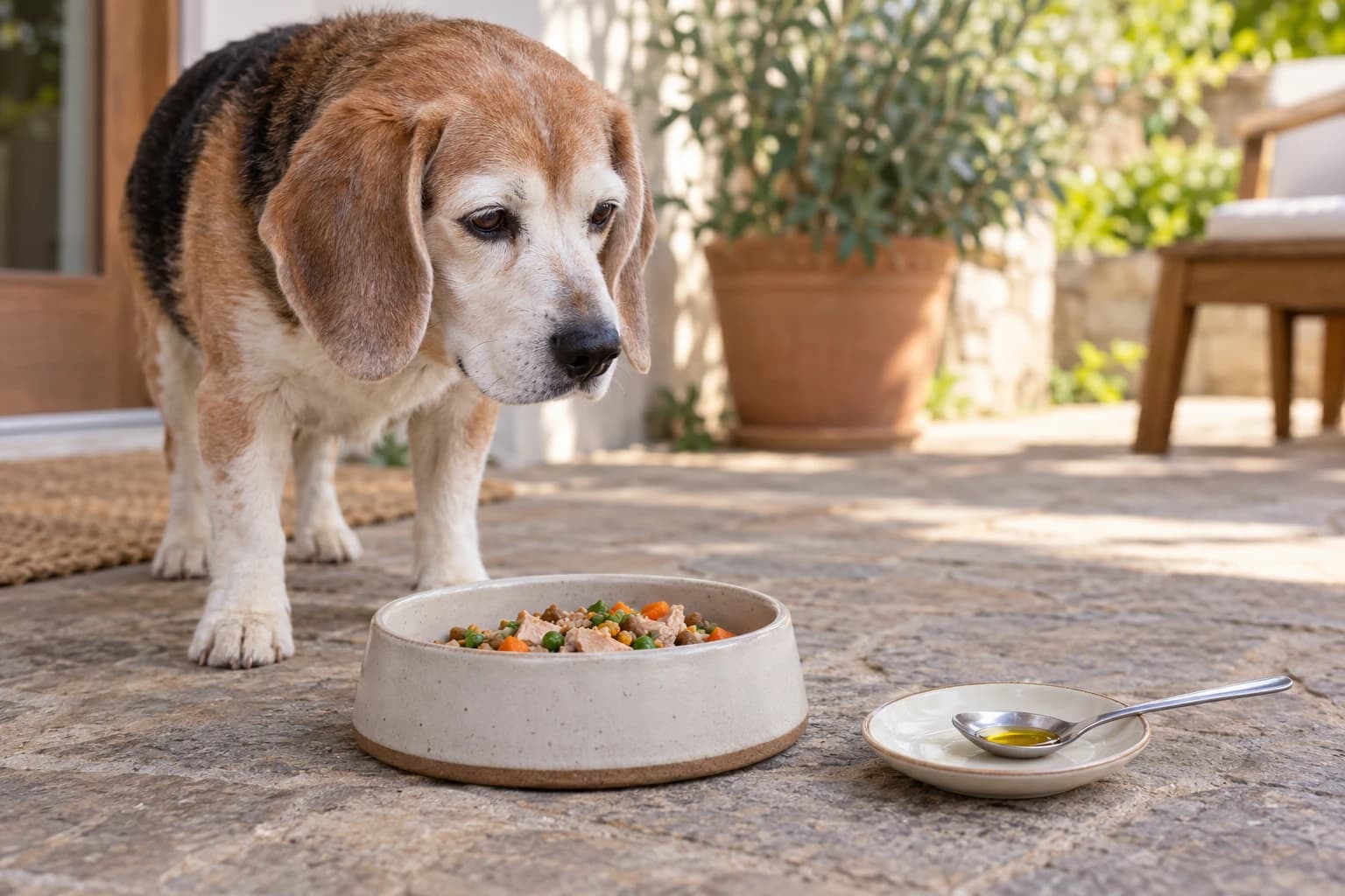 An older dog stands beside a food bowl and a separate spoon of golden oil.
