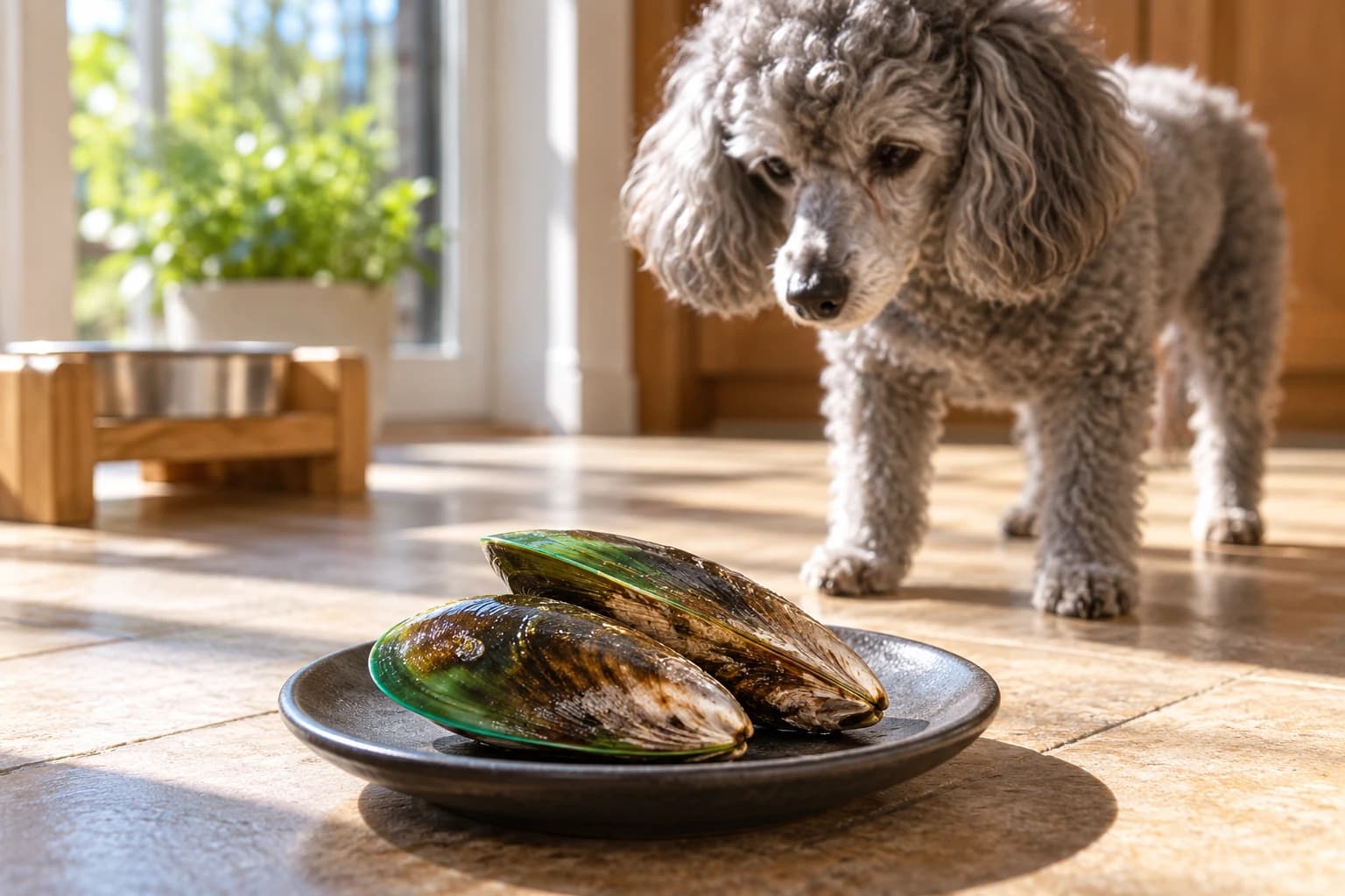 Natural mussel shells displayed with an older dog in the background.