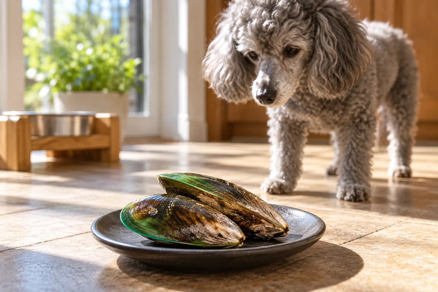 Coquilles naturelles de moule, avec un chien âgé à l'arrière-plan.