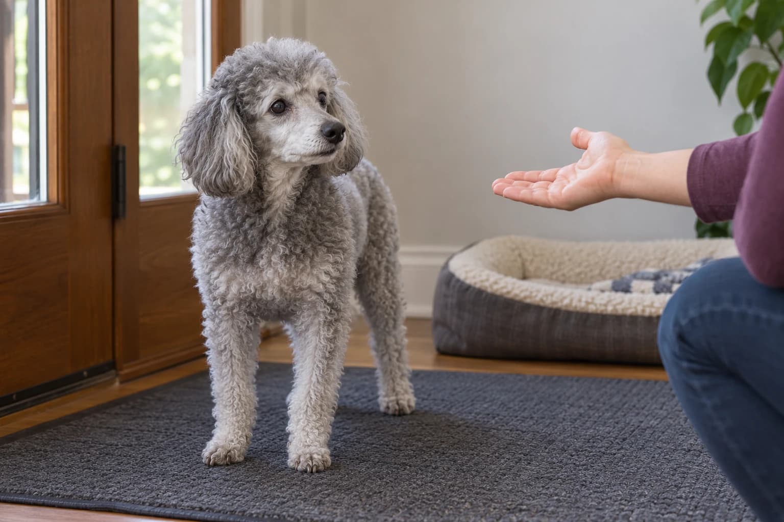 Un chien âgé regarde la main ouverte de son maître dans l'entrée.