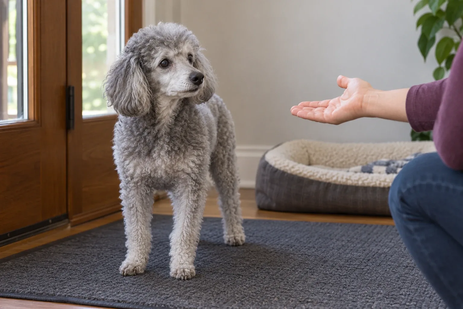 Un cane anziano guarda la mano aperta di una persona nell'ingresso di casa.