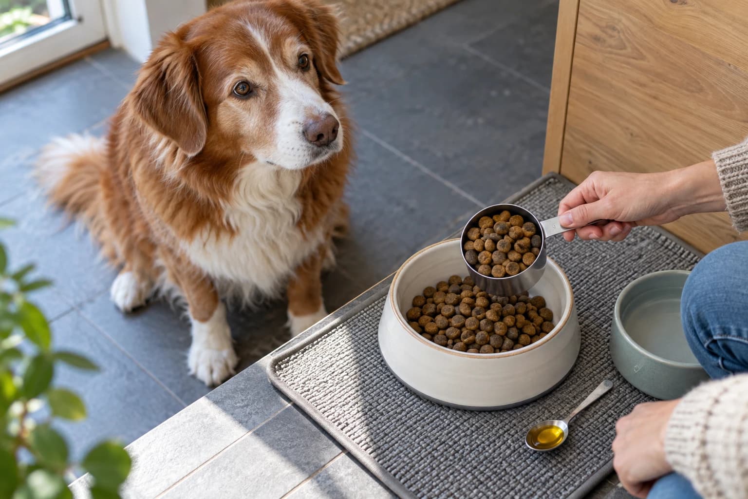 Un chien âgé se tient près d'une gamelle et d'une cuillère d'huile dorée placée à part.