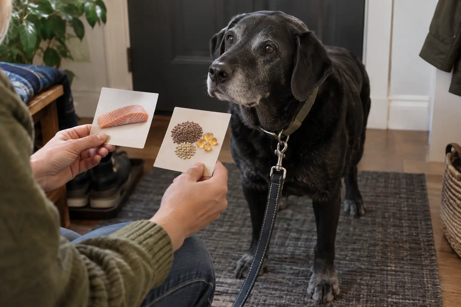 Un chien âgé se tient près d'une gamelle et d'une cuillère d'huile dorée placée à part.