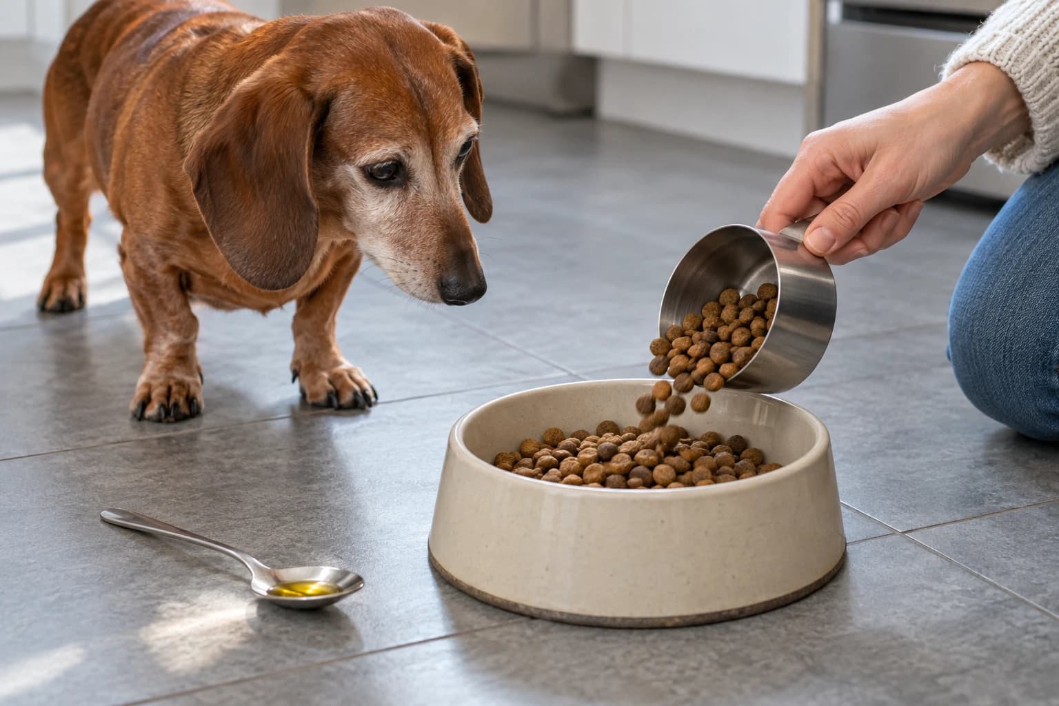 Un perro mayor está junto a un cuenco de comida y una cuchara separada con aceite dorado.
