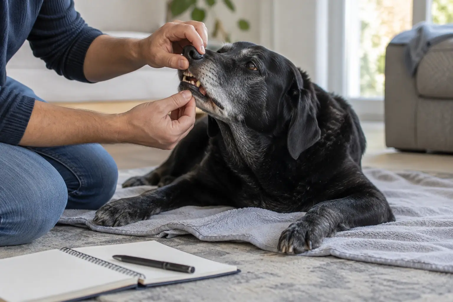 Un perro mayor olfatea comida normal ofrecida en la mano abierta de su cuidador.