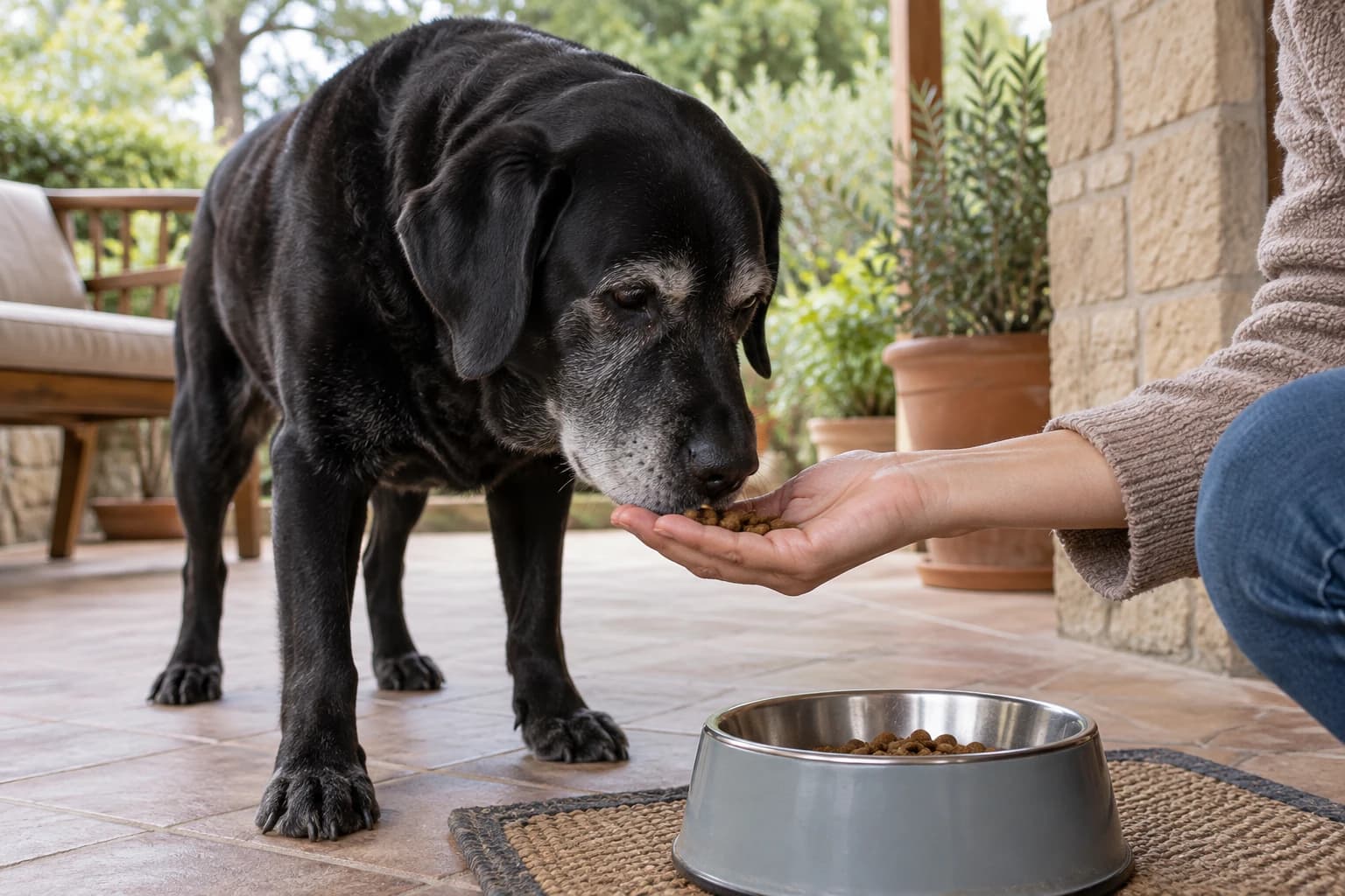 Un perro mayor olfatea comida normal ofrecida en la mano abierta de su cuidador.