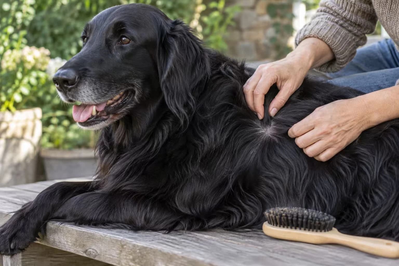 Un cuidador separa suavemente el pelo de un perro mayor para observar la piel, con un cepillo cerca.