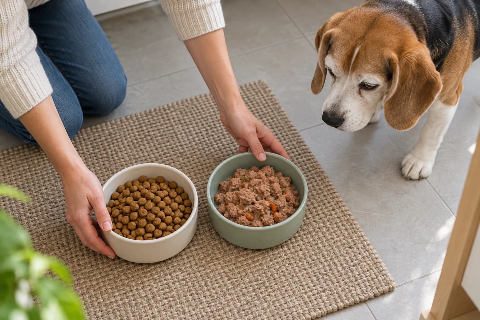 Un perro mayor observa a su cuidador colocar cuencos separados de comida seca y húmeda.