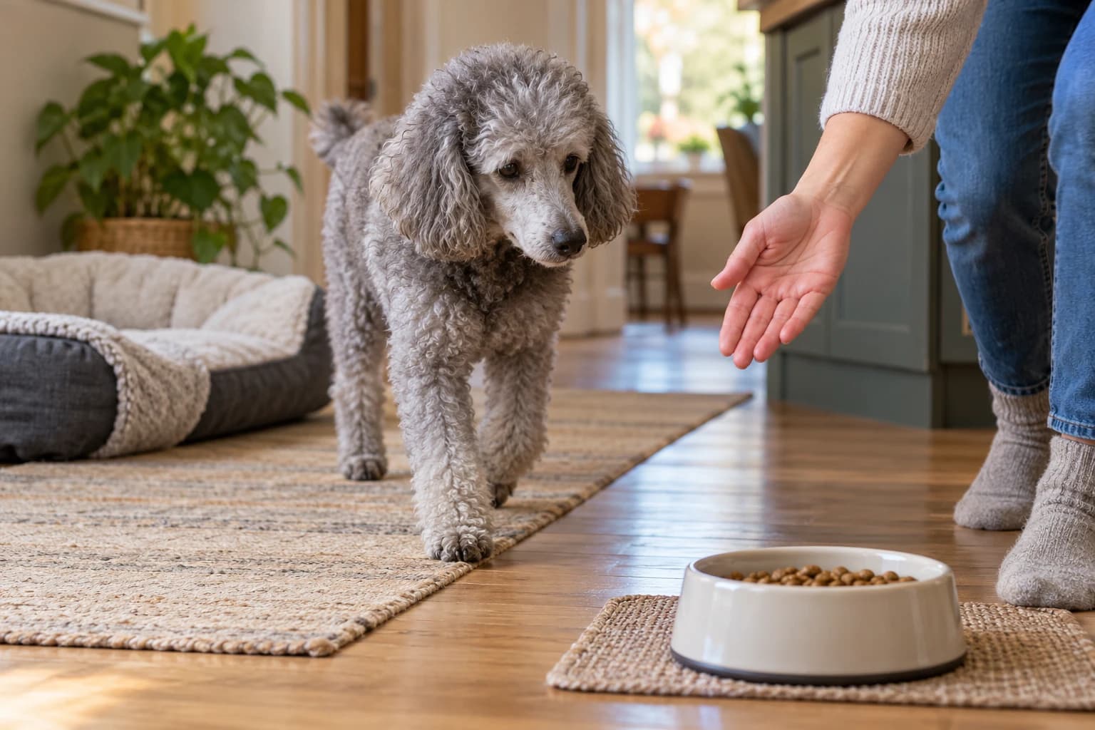 A caregiver guides an older dog toward its familiar feeding area.