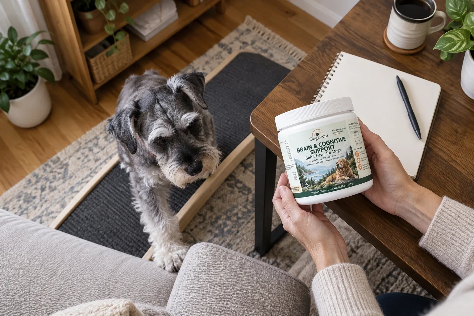 A caregiver guides an older dog toward its familiar feeding area.