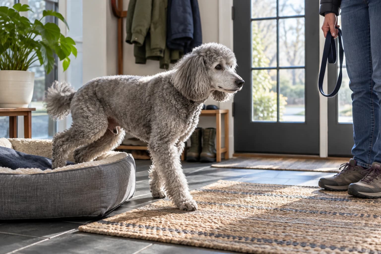 An older dog gets up beside its bed as a caregiver prepares for a walk.